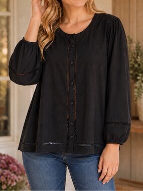 Reitmans 100% Cotton Black Button Front Blouse XL Mesh Trim Long Sleeve